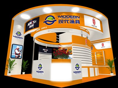 36平米展臺(tái)設(shè)計(jì)制作：三面開口/現(xiàn)代/木質(zhì)結(jié)構(gòu)/橙色，為釣具展展商而作（免費(fèi)使用）