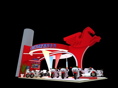 90平米展臺設計制作：三面開口/中式/木質結構/紅色，為單/摩托車展商而作（免費使用）