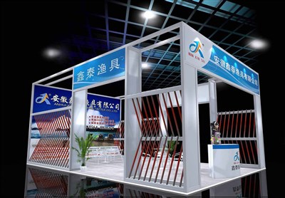 50平米展臺(tái)設(shè)計(jì)制作：三面開口/現(xiàn)代/木質(zhì)結(jié)構(gòu)/藍(lán)色，為釣具展展商而作（免費(fèi)使用）