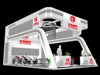 54平米展臺設計制作：三面開口/現(xiàn)代/木質結構/白色，為單/摩托車展商而作（免費使用）