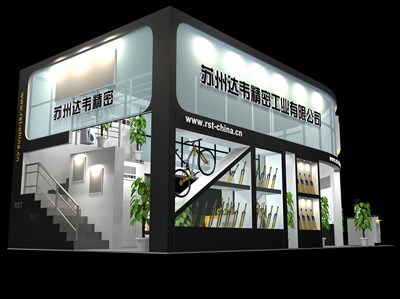 72平米展臺設(shè)計制作：一面開口/中式/雙層結(jié)構(gòu)/藍色，為單/摩托車展商而作（免費使用）