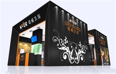81.6平米展臺設(shè)計制作：三面開口/現(xiàn)代/木質(zhì)結(jié)構(gòu)/黑色，為衛(wèi)浴展展商而作（免費使用）