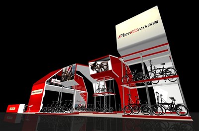 240平米展臺設計制作：四面開口/現代/型材結構/紅色，為單/摩托車展商而作（免費使用）