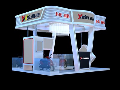 20平米展臺設(shè)計制作：四面開口/中式/桁架結(jié)構(gòu)/藍色，為單/摩托車展商而作（免費使用）