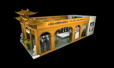 84平米展臺設計制作：三面開口/中式/木質結構/黃色，為服裝展展商而作（免費使用）