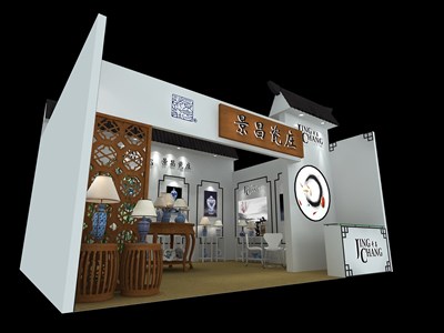 42平米展臺(tái)設(shè)計(jì)制作：一面開口/中式/木質(zhì)結(jié)構(gòu)/白色，為照明展展商而作（免費(fèi)使用）