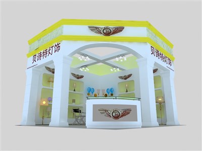 36平米展臺設(shè)計制作：二面開口/現(xiàn)代/木質(zhì)結(jié)構(gòu)/黃色，為照明展展商而作（免費(fèi)使用）