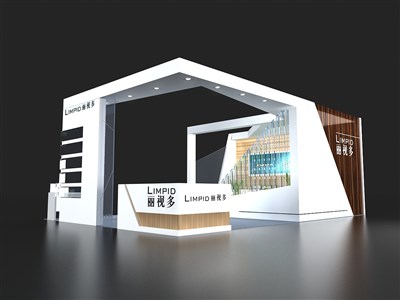 54平米展臺(tái)設(shè)計(jì)制作：三面開(kāi)口/現(xiàn)代/木質(zhì)結(jié)構(gòu)/白色，為眼鏡展展商而作（免費(fèi)使用）