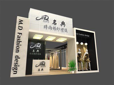 133平米展臺設(shè)計制作：一面開口/現(xiàn)代/木質(zhì)結(jié)構(gòu)/黑色，為服裝展展商而作（免費使用）