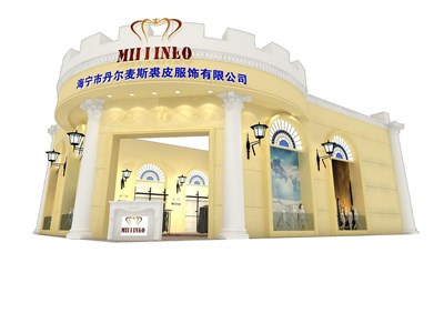 208平米展臺設計制作：一面開口/歐式/木質(zhì)結(jié)構(gòu)/米色，為服裝展展商而作（免費使用）