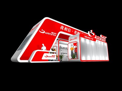 90平米展臺(tái)設(shè)計(jì)制作：二面開(kāi)口/現(xiàn)代/木質(zhì)結(jié)構(gòu)/紅色，為服裝展展商而作（免費(fèi)使用）