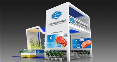 54平米展臺(tái)設(shè)計(jì)制作：四面開口/現(xiàn)代/木質(zhì)結(jié)構(gòu)/藍(lán)色，為食品展展商而作（免費(fèi)使用）
