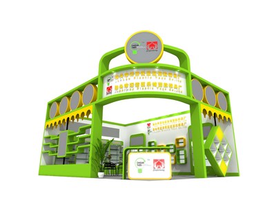 48平米展臺設(shè)計制作：一面開口/前衛(wèi)/木質(zhì)結(jié)構(gòu)/綠色，為玩具展展商而作（免費使用）
