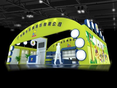 96平米展臺設(shè)計制作：一面開口/現(xiàn)代/木質(zhì)結(jié)構(gòu)/黃色，為玩具展展商而作（免費使用）
