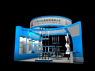 36平米展臺設(shè)計制作：二面開口/現(xiàn)代/木質(zhì)結(jié)構(gòu)/藍(lán)色，為玩具展展商而作（免費(fèi)使用）