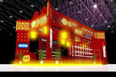 72平米展臺設(shè)計制作：三面開口/中式/木質(zhì)結(jié)構(gòu)/紅色，為五金展展商而作（免費使用）
