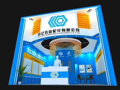 36平米展臺設(shè)計制作：一面開口/現(xiàn)代/木質(zhì)結(jié)構(gòu)/藍色，為五金展展商而作（免費使用）