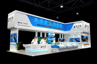 90平米展臺設計制作：三面開口/現(xiàn)代/木質結構/白色，為食品展展商而作（免費使用）