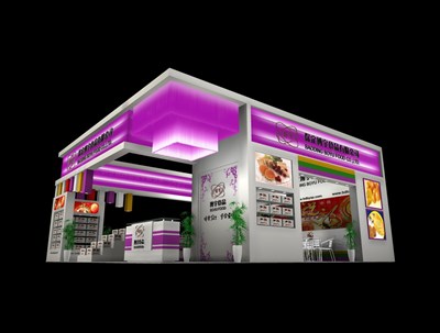 90平米展臺設計制作：三面開口/現(xiàn)代/木質結構/紫色，為食品展展商而作（免費使用）