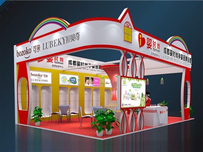 54平米展臺設計制作：三面開口/現(xiàn)代/木質結構/紅色，為嬰幼展展商而作（免費使用）