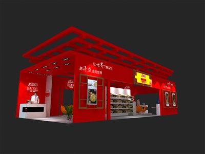 78平米展臺設計制作：四面開口/中式/木質(zhì)結(jié)構(gòu)/紅色，為食品展展商而作（免費使用）