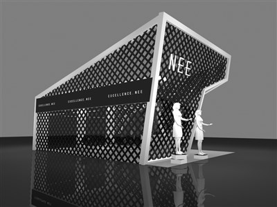54平米展臺設(shè)計制作：二面開口/現(xiàn)代/木質(zhì)結(jié)構(gòu)/黑色，為服裝展展商而作（免費使用）
