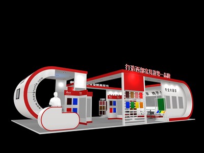 104平米展臺設(shè)計制作：二面開口/現(xiàn)代/木質(zhì)結(jié)構(gòu)/紅色，為化工展展商而作（免費使用）