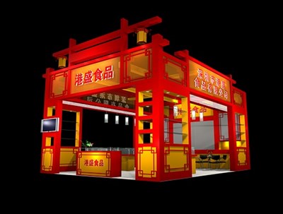 48平米展臺(tái)設(shè)計(jì)制作：三面開口/中式/木質(zhì)結(jié)構(gòu)/紅色，為食品展展商而作（免費(fèi)使用）