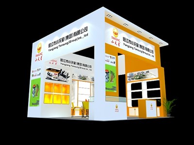 36平米展臺設(shè)計制作：三面開口/現(xiàn)代/木質(zhì)結(jié)構(gòu)/黃色，為五金展展商而作（免費(fèi)使用）