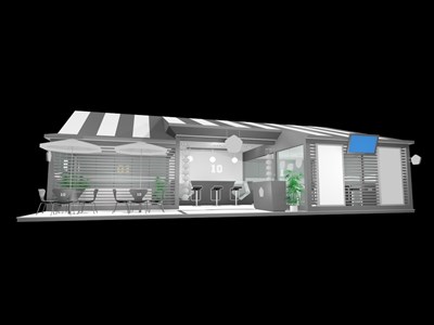 72平米展臺設(shè)計制作：一面開口/現(xiàn)代/木質(zhì)結(jié)構(gòu)/灰色，為食品展展商而作（免費使用）