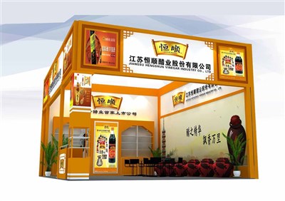 48平米展臺設計制作：二面開口/現代/木質結構/黃色，為食品展展商而作（免費使用）