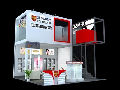 36平米展臺設計制作：三面開口/前衛(wèi)/雙層結(jié)構(gòu)/白色，為食品展展商而作（免費使用）