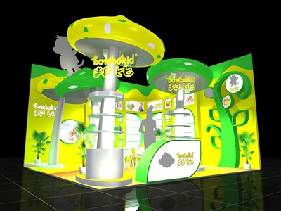 36平米展臺(tái)設(shè)計(jì)制作：二面開(kāi)口/卡通/木質(zhì)結(jié)構(gòu)/黃色，為嬰幼展展商而作（免費(fèi)使用）