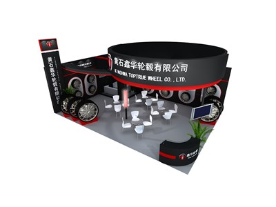 54平米展臺設(shè)計(jì)制作：二面開口/前衛(wèi)/木質(zhì)結(jié)構(gòu)/黑色，為汽配展展商而作（免費(fèi)使用）