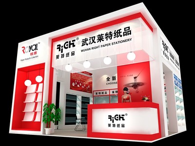 36平米展臺設(shè)計制作：二面開口/現(xiàn)代/木質(zhì)結(jié)構(gòu)/紅色，為文具圖書展展商而作（免費使用）