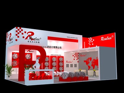 54平米展臺設(shè)計(jì)制作：二面開口/現(xiàn)代/木質(zhì)結(jié)構(gòu)/紅色，為汽配展展商而作（免費(fèi)使用）