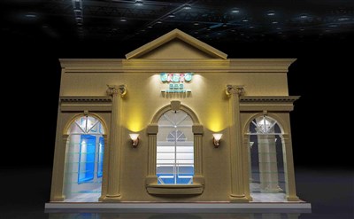 36平米展臺設(shè)計(jì)制作：一面開口/歐式/木質(zhì)結(jié)構(gòu)/米色，為嬰幼展展商而作（免費(fèi)使用）