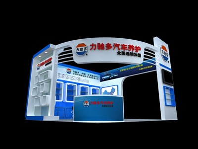 36平米展臺設計制作：三面開口/現(xiàn)代/木質(zhì)結(jié)構/藍色，為汽配展展商而作（免費使用）