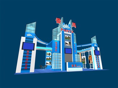 72平米展臺設計制作：四面開口/現(xiàn)代/型材結構/藍色，為成就招商展展商而作（免費使用）