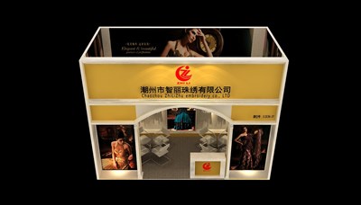 18平米展臺設(shè)計(jì)制作：一面開口/現(xiàn)代/木質(zhì)結(jié)構(gòu)/黃色，為服裝展展商而作（免費(fèi)使用）