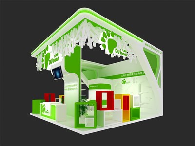 36平米展臺設(shè)計制作：三面開口/現(xiàn)代/木質(zhì)結(jié)構(gòu)/綠色，為文具圖書展展商而作（免費使用）