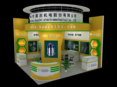 36平米展臺設(shè)計(jì)制作：二面開口/現(xiàn)代/木質(zhì)結(jié)構(gòu)/黃色，為汽配展展商而作（免費(fèi)使用）
