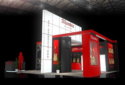 56平米展臺設(shè)計(jì)制作：三面開口/現(xiàn)代/木質(zhì)結(jié)構(gòu)/彩色，為樂器展展商而作（免費(fèi)使用）