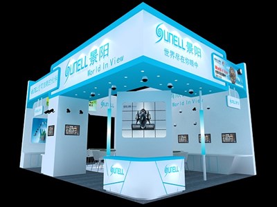 72平米展臺(tái)設(shè)計(jì)制作：三面開口/現(xiàn)代/木質(zhì)結(jié)構(gòu)/藍(lán)色，為安防展展商而作（免費(fèi)使用）