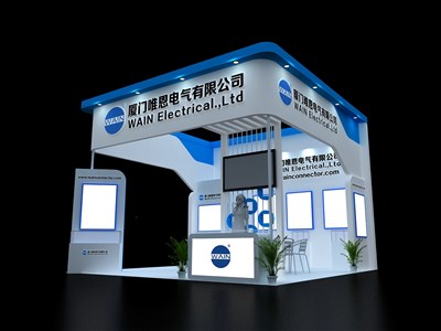 36平米展臺設(shè)計制作：三面開口/現(xiàn)代/木質(zhì)結(jié)構(gòu)/藍(lán)色，為汽配展展商而作（免費(fèi)使用）