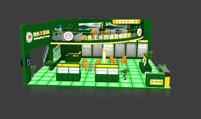 108平米展臺(tái)設(shè)計(jì)制作：三面開口/現(xiàn)代/木質(zhì)結(jié)構(gòu)/綠色，為釣具展展商而作（免費(fèi)使用）