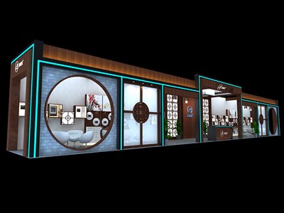 72平米展臺(tái)設(shè)計(jì)制作：三面開口/中式/木質(zhì)結(jié)構(gòu)/咖啡色，為安防展展商而作（免費(fèi)使用）