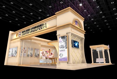 108平米展臺設(shè)計(jì)制作：三面開口/歐式/木質(zhì)結(jié)構(gòu)/米色，為美博會展商而作（免費(fèi)使用）