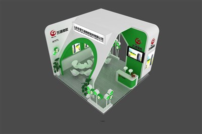 36平米展臺設計制作：三面開口/現(xiàn)代/木質(zhì)結(jié)構(gòu)/綠色，為汽配展展商而作（免費使用）