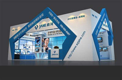 72平米展臺設計制作：二面開口/現(xiàn)代/木質結構/藍色，為安防展展商而作（免費使用）